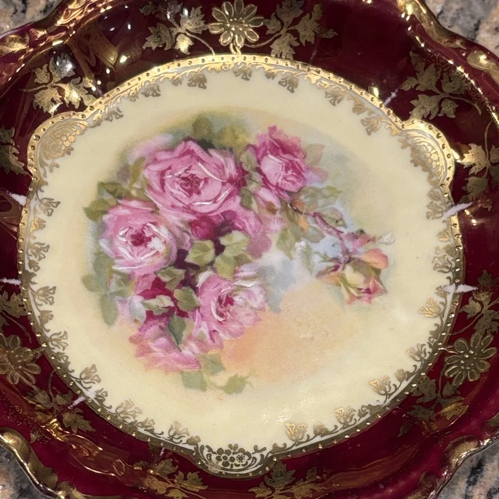 Antique PM Bavaria Hand Painted Porcelain Plate Red Gold Gilt Floral Germany
